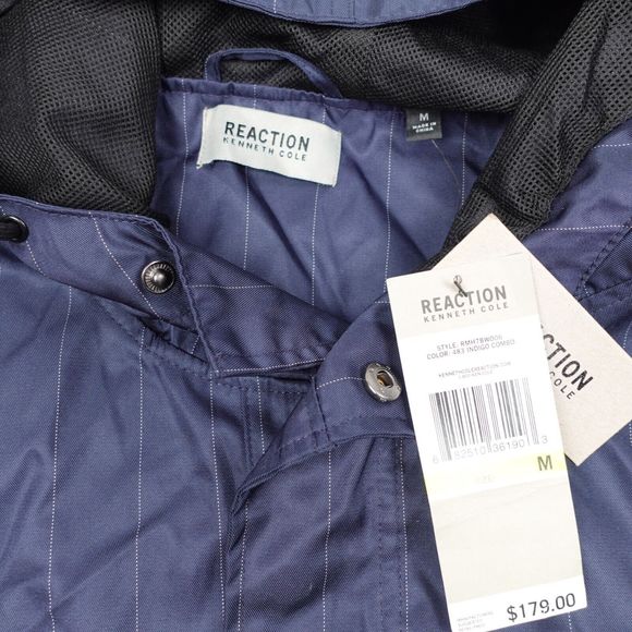 Kenneth Cole Reaction Long Windbreaker Men M Full Zip Blue Hooded Striped Lined - Picture 2 of 9